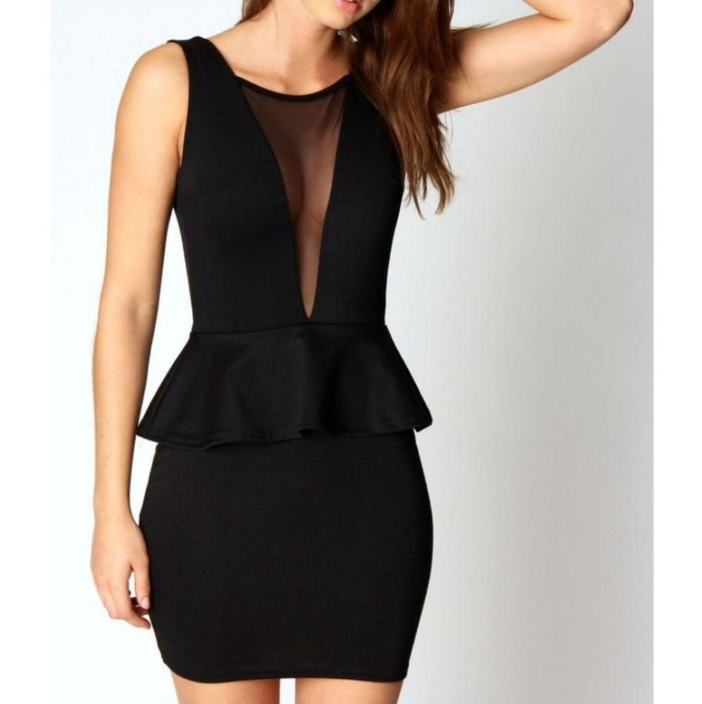 XS Sexy Black Peplum Mini Dress w/ Sheer Back